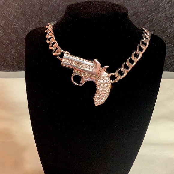 Silver Chunky Chain Pistol Necklace with Rhinestones - Picture 4 of 4